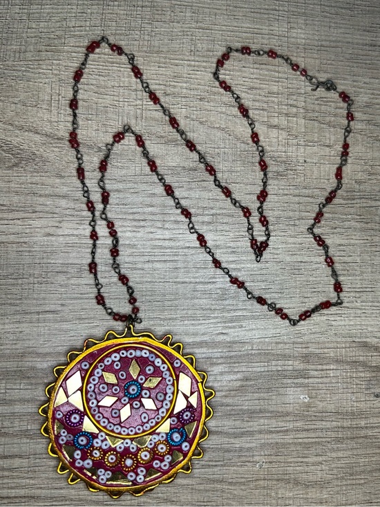 Jewelry - Vintage 70s Indian Clay, Mosaic Bead & Mirror Medallion Pendant Made in India